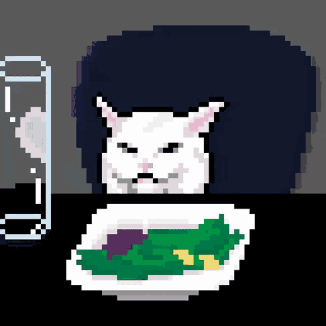 a pixel art drawing of a cat sitting at a table with a plate of food