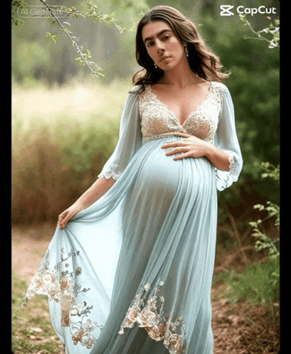 a pregnant woman in a long blue and white dress is standing in a field
