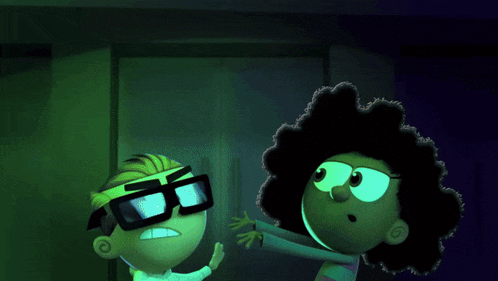 a cartoon of a girl with a crown on her head standing next to a boy with glasses