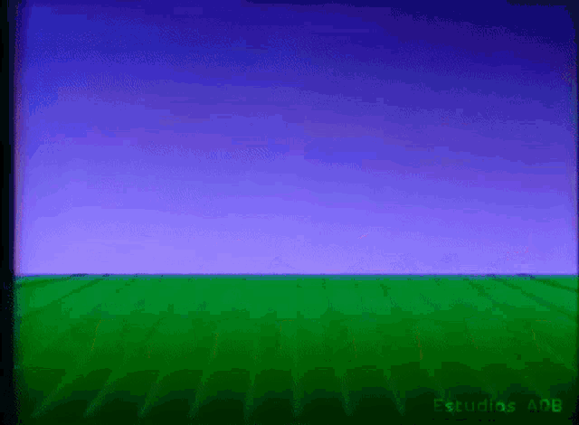 a purple sky with a green field in the foreground and estudios adb written on the bottom