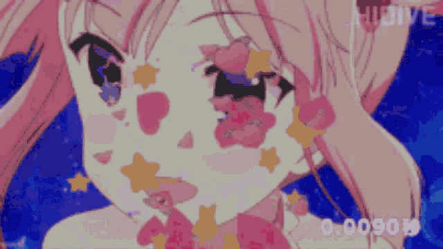 a close up of a girl 's face with hearts and stars on her face