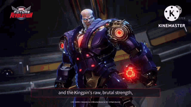 a robot is standing in a room with a caption that says `` and the kingpin 's raw brutal strength '' .