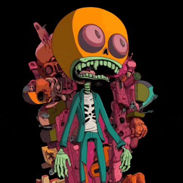 a cartoon drawing of a skeleton in a suit with a skull head