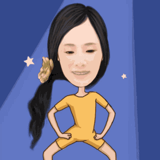 a cartoon drawing of a woman with her hands on her hips and a flower in her hair