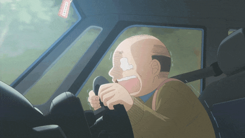 a cartoon of a man driving a car with a tag that says ' toyota ' on it