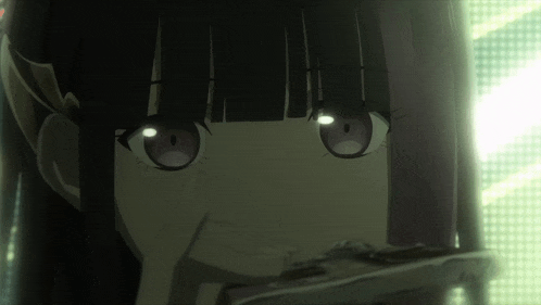a close up of a girl 's face with purple eyes and black hair