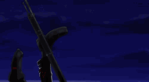 a silhouette of a person holding a sword with a blue background