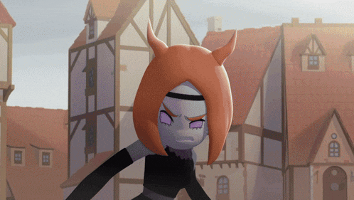 a cartoon character with horns stands in front of a row of houses
