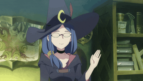 a witch with glasses and a hat with a crescent moon on it