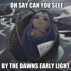 a baby is wrapped in a blue blanket with the words oh say can you see by the dawns early light