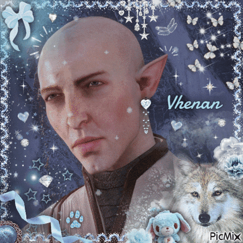 a picture of a man with a wolf and the name vhenan on it