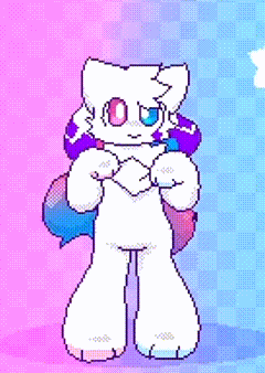 a pixel art of a white cat with a pink tail on a pink and blue checkered background .
