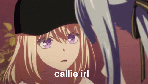 a girl with purple eyes is looking at another girl with the words callie irl written on the bottom
