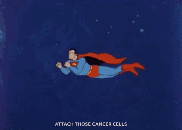a cartoon of superman flying through the air with a fireball coming out of his chest .