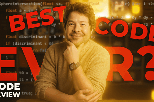 a man sitting at a table with the words " best code ever " in the background