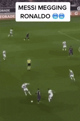 a group of soccer players on a field with the words messi megging ronaldo