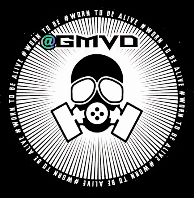 a black and white logo with a gas mask and the words born to be alive around it