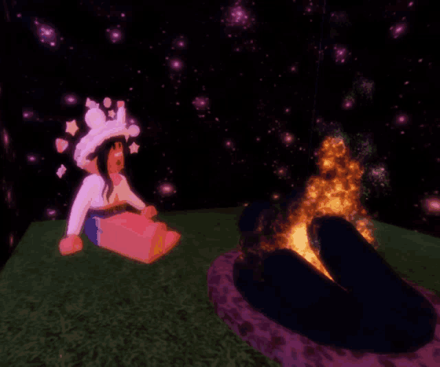 a girl with a crown on her head sits next to a fire