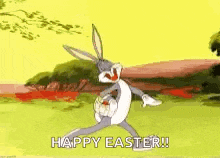 bugs bunny is holding a basket of eggs and says `` happy easter '' .