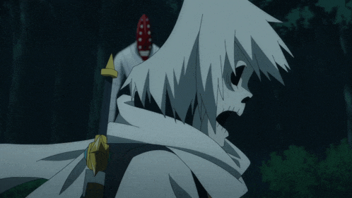 a cartoon character with white hair is holding a sword in a dark forest