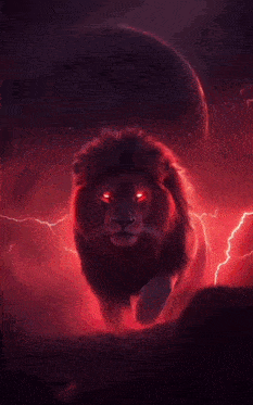 a lion with red eyes is walking in the dark with lightning in the background