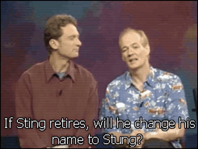 two men are sitting next to each other and talking about sting retiring