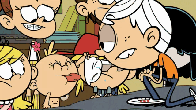 a group of cartoon characters including lincoln loud and lily loud are standing around each other