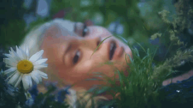 a woman laying in the grass with a daisy in front of her face