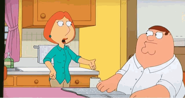 a cartoon of peter griffin and lois griffin standing in a kitchen