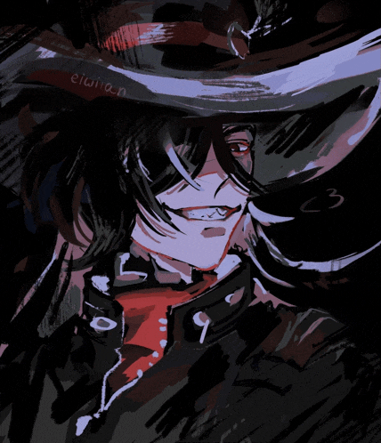 a drawing of a man with long hair and a hat has the number 3 on the bottom right