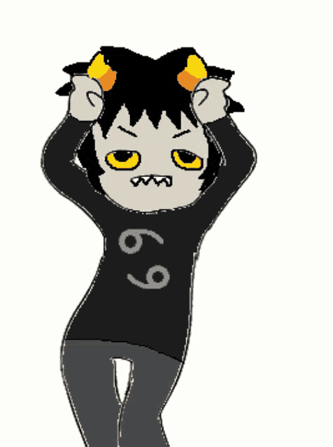 a cartoon character wearing a black shirt with the number 69 on the front