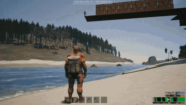 a man standing on a beach in a video game with the number 94 on the bottom