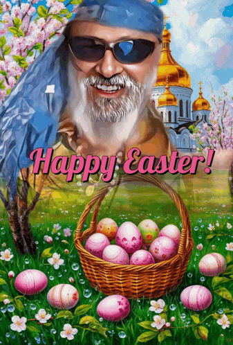 a painting of a man holding a basket of pink easter eggs with the words happy easter below him