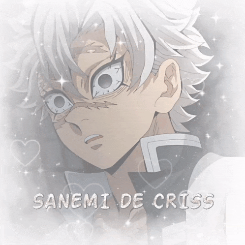 a picture of a boy with white hair and the words sanemi de criss on the bottom