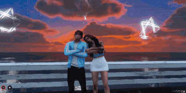 a man and a woman are posing for a picture on a dock