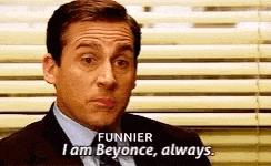 a man in a suit and tie is sitting in front of a window and saying `` funnier i am beyonce always ''