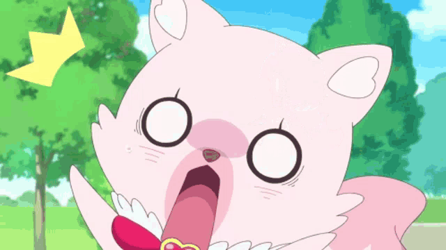 a close up of a cartoon character with a surprised look on its face