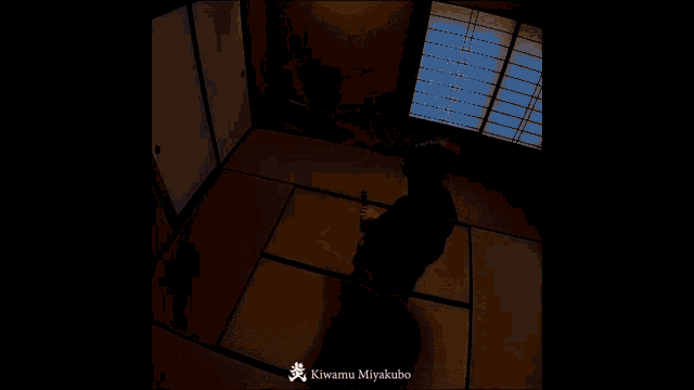 a man in a kimono is holding a sword in a room that says kiwami miyakubo on the bottom