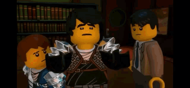 a close up of a lego character with a surprised look on his face .