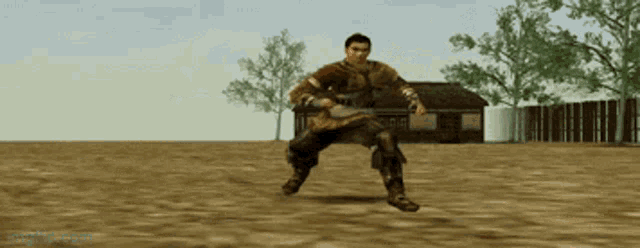a video game shows a man holding a gun in a field