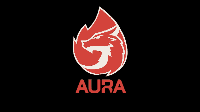 a logo for aura with a red flame and the word aura