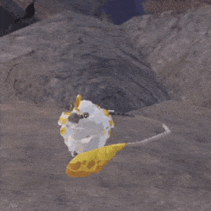 a computer generated image of a bird with a yellow tail standing on the ground