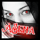 a black and white photo of a woman with red eyes and the name asena on the bottom