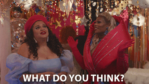 two women standing next to each other with the words " what do you think " written on the bottom
