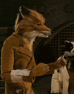 a fox in a suit is standing next to a dog in a lab coat