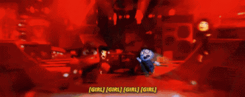 a cartoon character is screaming and saying girl in a dark room