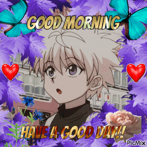 a picture of a boy surrounded by purple flowers and butterflies with the words good morning have a good day