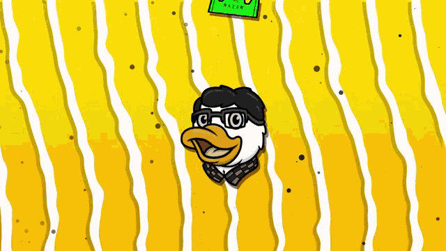 a yellow and white striped background with a duck wearing sunglasses and a hat
