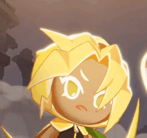 a close up of a cartoon character with yellow hair and white eyes holding a sword .