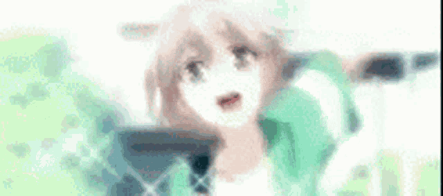 a blurry picture of a anime girl in a green jacket and white shirt .